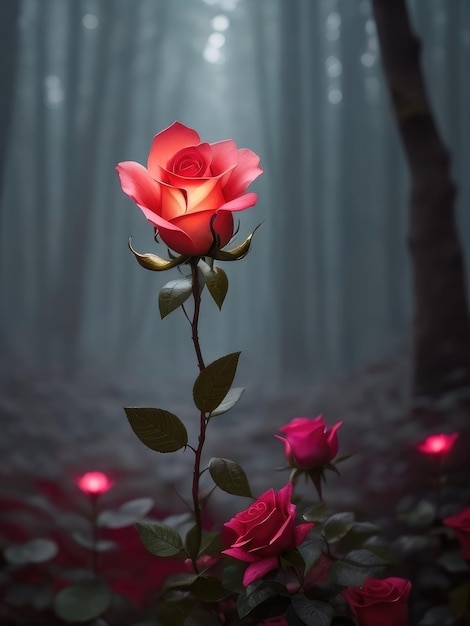 Uma rosa num papel de parede de floresta de fantasia