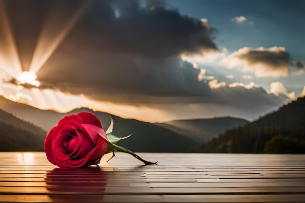 Uma rosa numa mesa com o sol atrás dela.