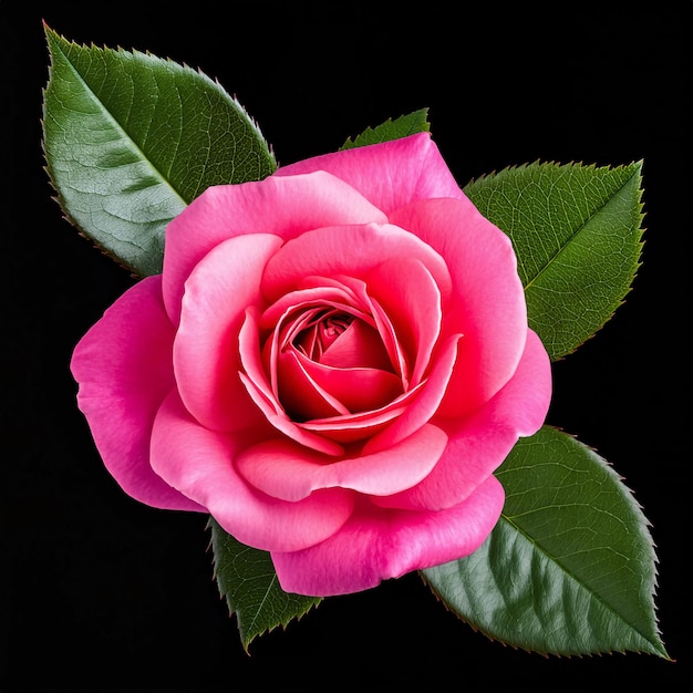 uma rosa rosa com folhas verdes e um fundo preto