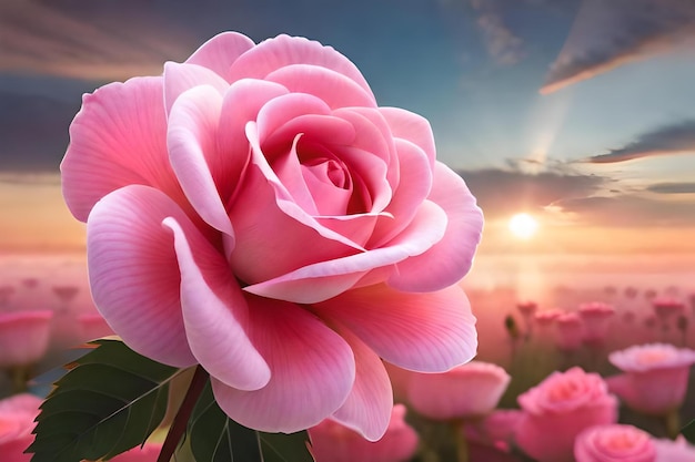 Uma rosa rosa contra um céu ao pôr-do-sol