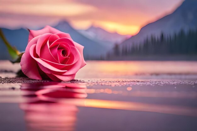 Foto uma rosa rosa deitada no chão em frente a um lago na montanha.