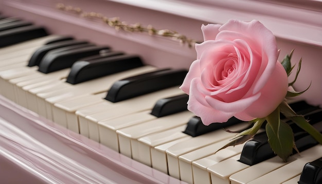 uma rosa rosa num piano com uma rosa rosa nas teclas do piano