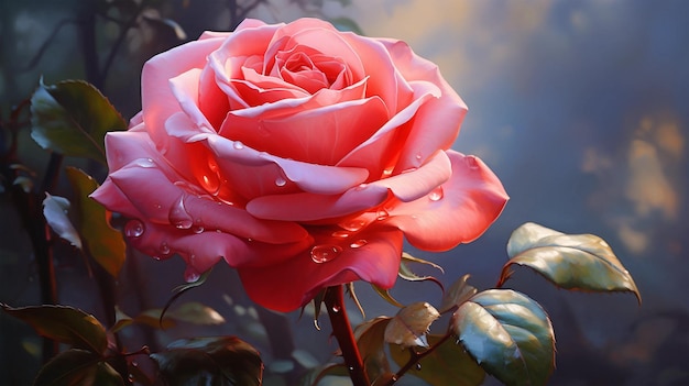Uma rosa solitária com pétalas aveludadas desenrolando-se delicadamente à suave luz da manhã