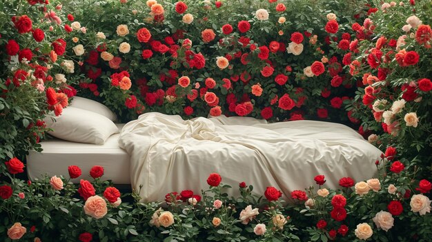 Uma rosa vermelha colocada numa cama branca limpa e uma rosa vermelha com pétalas espalhadas