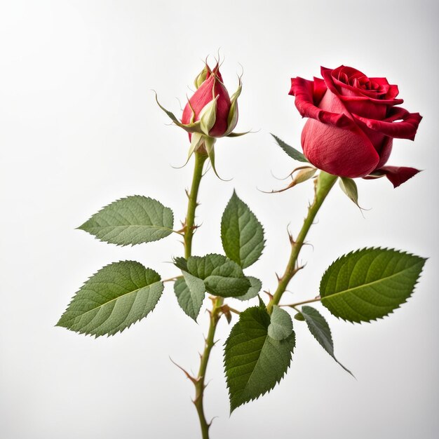 Foto uma rosa vermelha com folha sobre um fundo branco