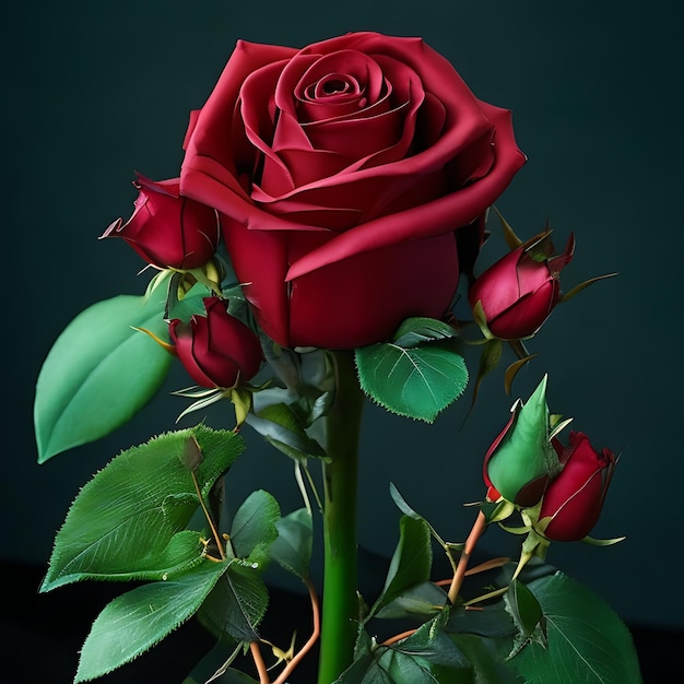 Uma rosa vermelha com folhas verdes e um fundo escuro.