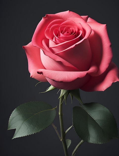 Uma rosa vermelha com folhas verdes e um fundo escuro