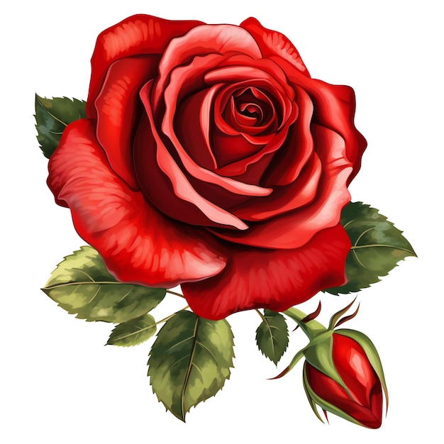Uma rosa vermelha com folhas verdes e uma rosa vermelha no centro.