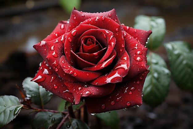 Uma rosa vermelha com gotas de água com estilo de macrofotografia profissional ai arte