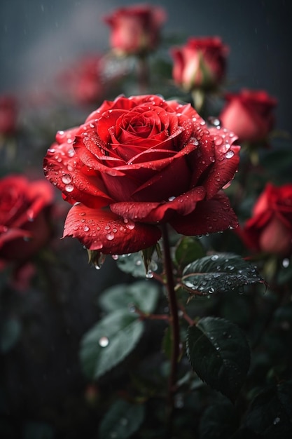 uma rosa vermelha com gotas de água nela