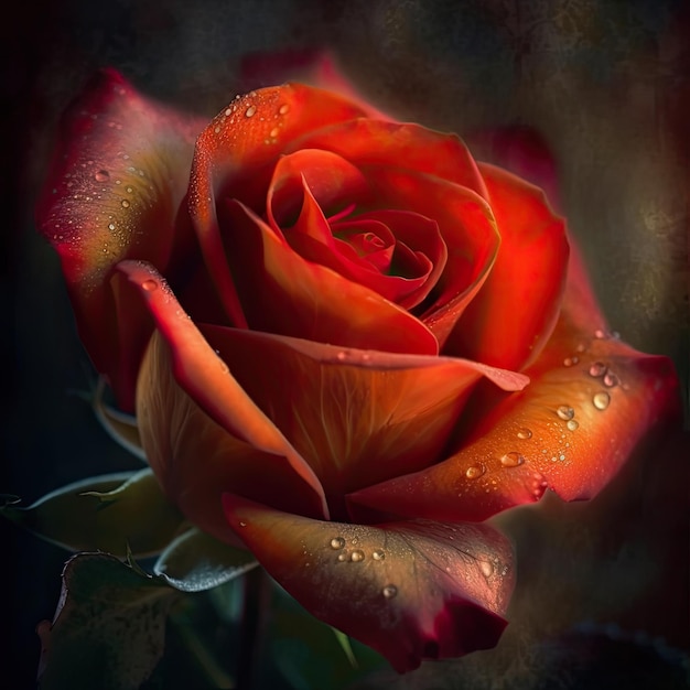 Uma rosa vermelha com gotas de água