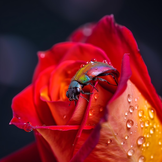 Uma rosa vermelha com um inseto nela