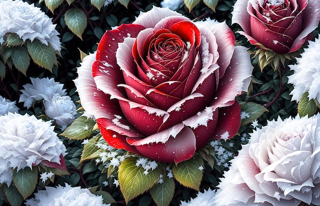 Uma rosa vermelha congelada escondida no mato com cristais de gelo