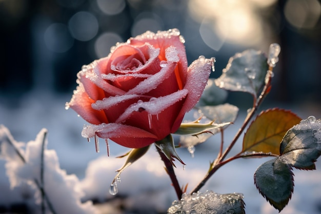 Uma rosa vermelha congelada rodeada de neve cria um cenário romântico mágico