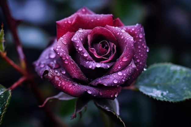 Uma rosa vermelha escura com gotas de água sobre ela.