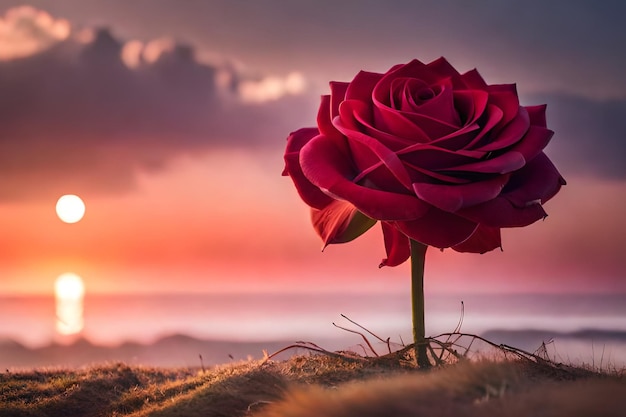 Uma rosa vermelha está na frente de um pôr do sol.