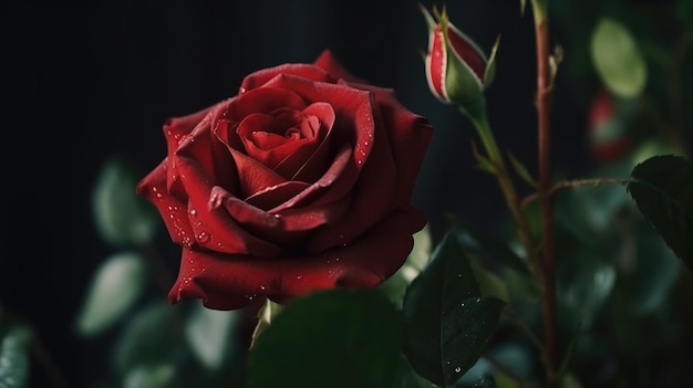 Uma rosa vermelha está no escuro e tem gotas de água nela.