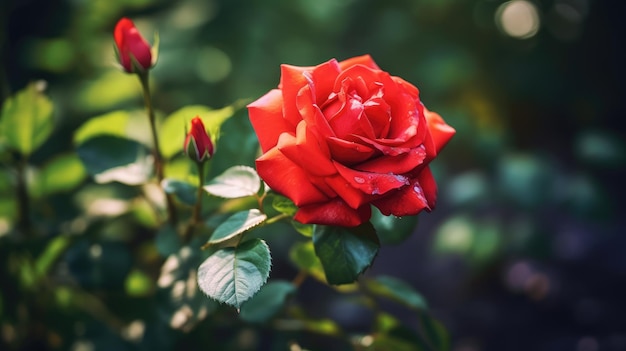 Uma rosa vermelha está no jardim com a palavra amor nela.