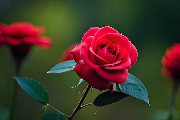 Uma rosa vermelha está no primeiro plano da imagem.