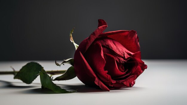 Uma rosa vermelha está sobre uma mesa branca.