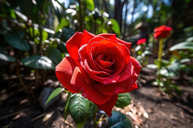 Uma rosa vermelha no jardim com a palavra rosa nela