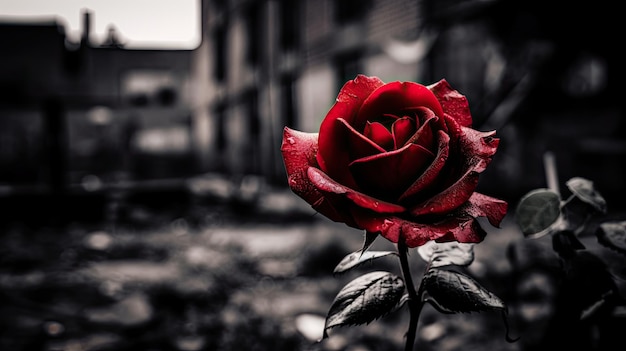 Uma rosa vermelha no meio de um cemitério.