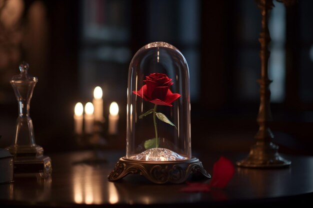 Foto uma rosa vermelha num terrário interno gerada pela ia