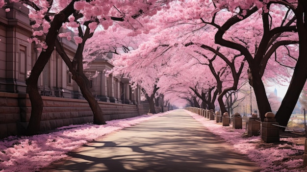 uma rota que passa por uma copa de árvore Sakura em flor Avenida de cerejeiras em flor de Sakura Lindo