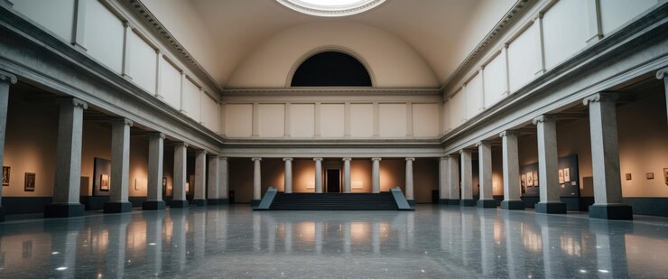 Foto uma rotunda de museu vazia e serena destacando arquitetura clássica e exposições de arte