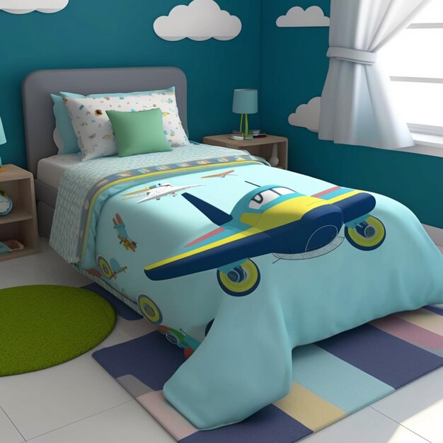 Foto uma roupa de cama azul e verde com um avião sobre ela.