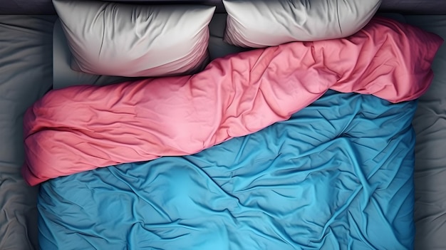 Foto uma roupa de cama rosa e azul