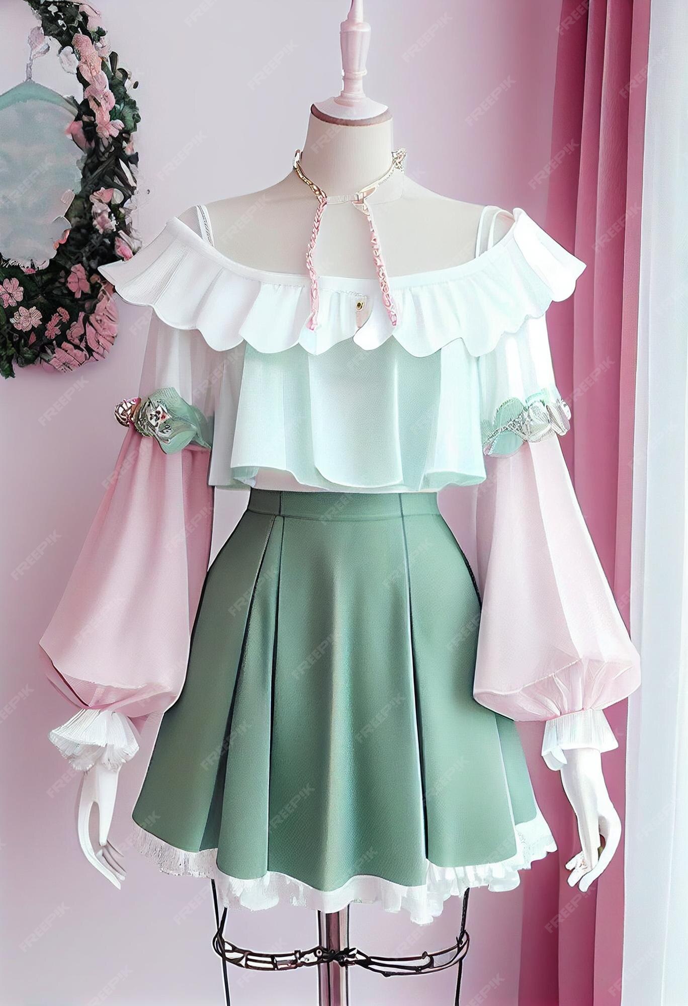 Uma roupa de menina com um top verde e rosa e uma saia.