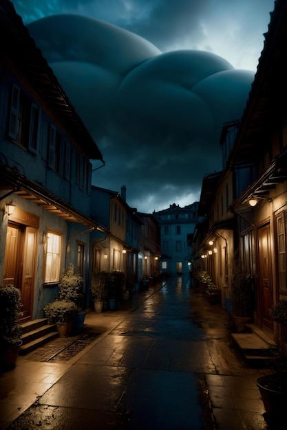 Uma rua à noite com um céu escuro ao fundo