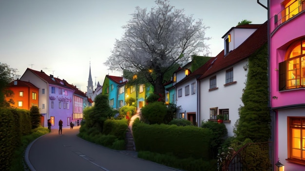 Uma rua à noite com uma casa ao fundo