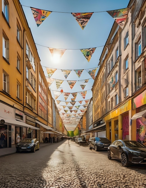 Foto uma rua artística em berlim com graffiti e instalações únicas de guarda-sol