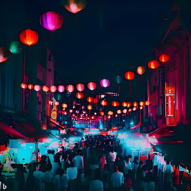 Uma rua brilhante de Chinatown com lanternas e luz de néon que as pessoas aproveitam