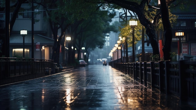 Uma rua chuvosa com uma árvore à esquerda