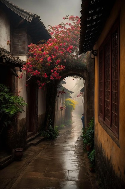 Uma rua chuvosa na China