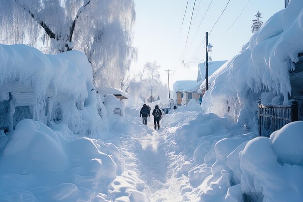 uma rua coberta de neve tem uma pilha de neve nela