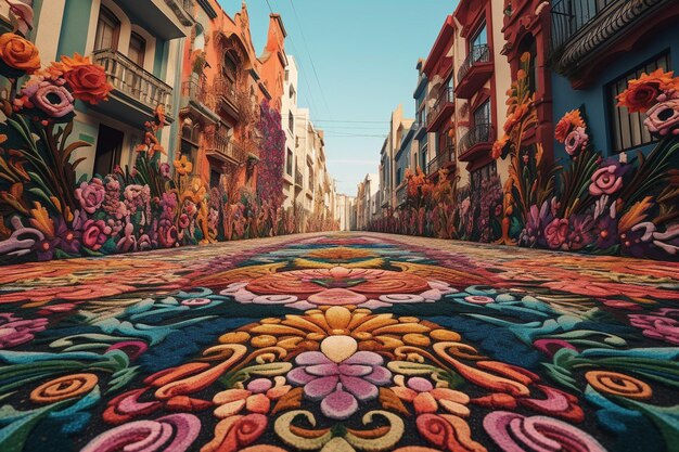 Uma rua colorida com um tapete colorido