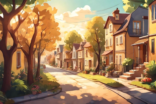Uma rua com casas e árvores em um dia ensolarado