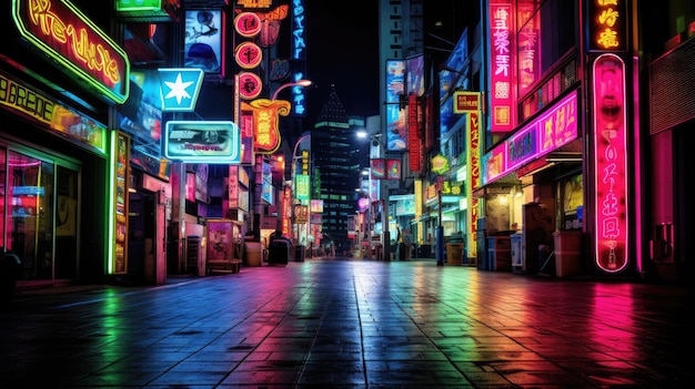 Uma rua com luzes neon e uma placa que diz “bem-vindo ao mundo”.