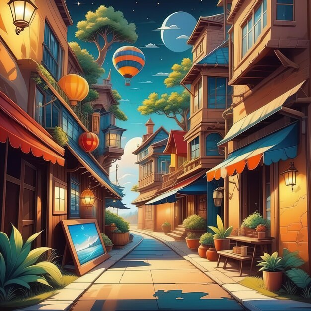 uma rua com muitos edifícios e um balão de ar quente