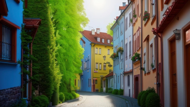 Uma rua com um prédio colorido e árvores