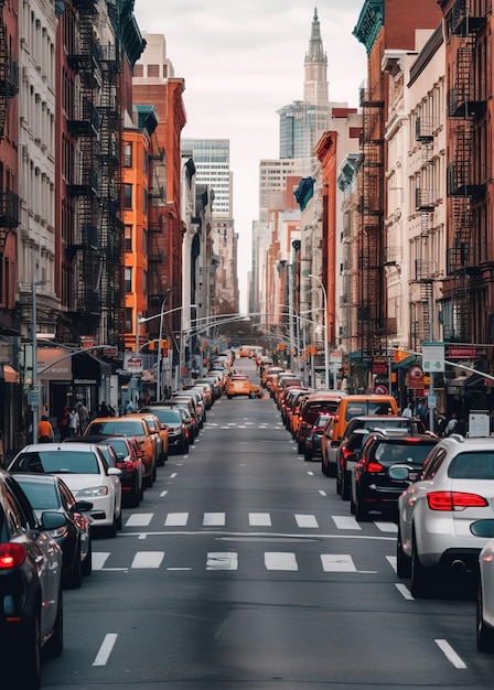 Uma rua com uma fila de carros estacionados e uma placa que diz nyc nela