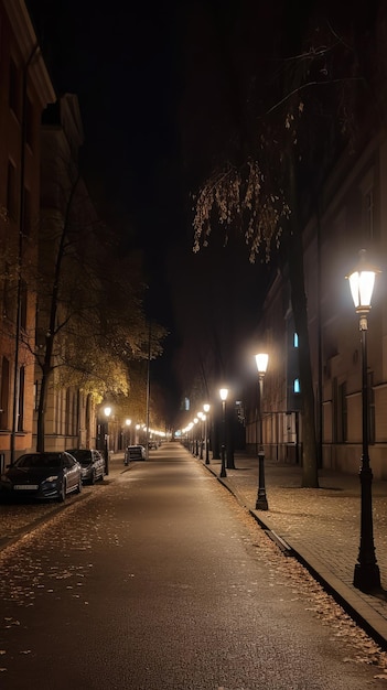 Uma rua com uma fileira de luzes de rua generativas ai