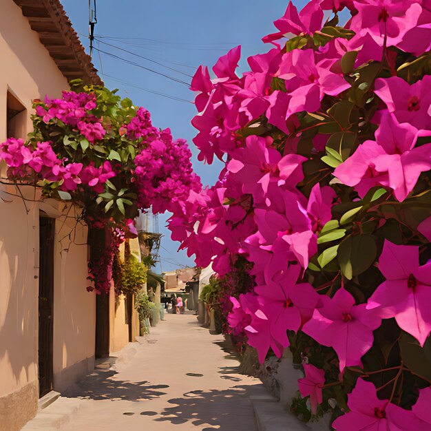 Foto uma rua com uma flor roxa que diz bougainvillea