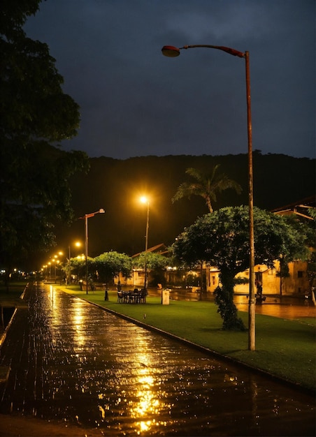 uma rua com uma luz nela e uma luz de rua nela