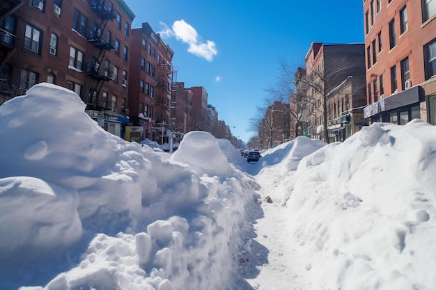 Foto uma rua com uma pilha de neve que tem um sinal que diz neve