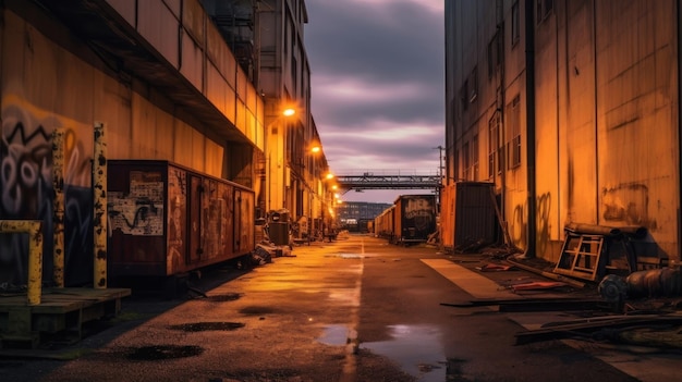 uma rua com uma ponte ao fundo